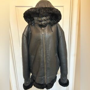 Black  Sheepskin Hooded Jacket